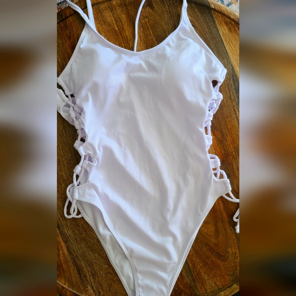 Large white side laced swim suit
